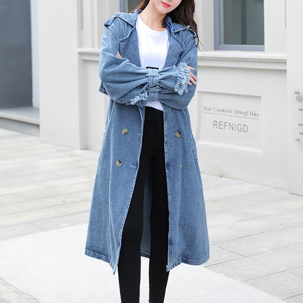 GHJCFVBS Women's Midi Long Casual Denim Jacket Double Breasted